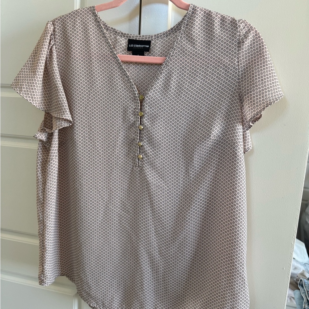 Liz Claiborne Women's Blouse - Cream and Brown Pattern